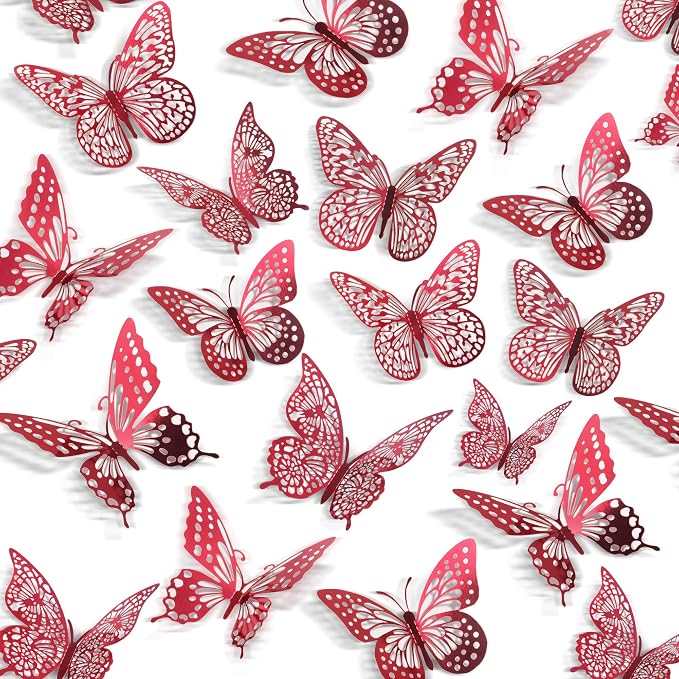 SAOROPEB 3D Butterfly Wall Decor 48 Pcs Blood Red Butterfly Decorations | 4 Styles 3 Sizes, Butterfly Birthday Decorations Butterfly Party Decorations Cake Decorations, Removable Stickers