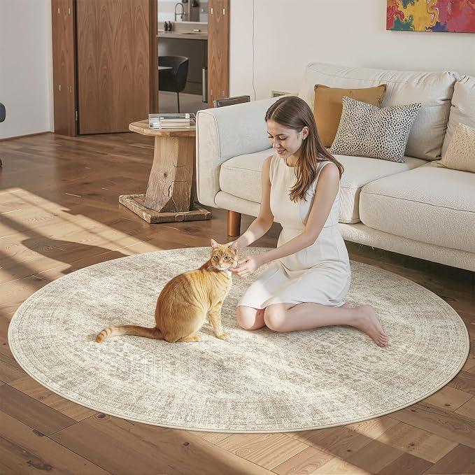 Soalmost 5x5 Beige Round Rug 6ft Circle Living Room Area Rugs Non-Slip | Washable Vintage Indoor Carpet for Dining Bedroom, Low Pile Stain Resistant Foldable Floor Mat Entryway Home Office Decor