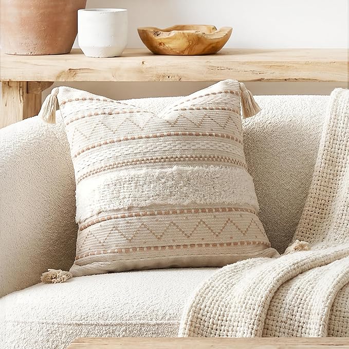 20X20 Throw Pillow Cover, Cream Neutral Beige Square Decorative Cushion Cover, Boho Accent Pillowcase with Tufted Details and Tassels for Couch Sofa Living Room (Cover Only)
