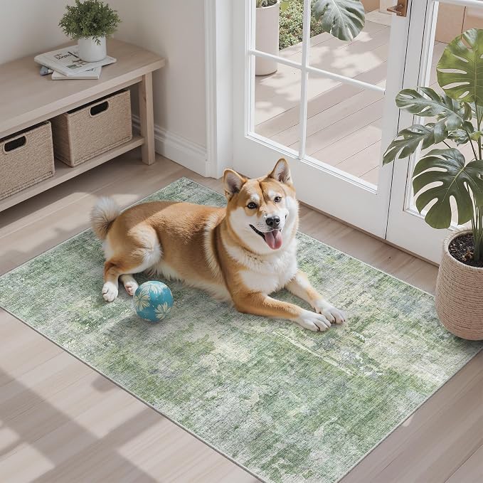 Soalmost 2x3 Abstract Washable Rugs for Kitchen, Small Area Rug Green/Ivory | Non-Slip Vintage Low Pile Throw Door Mat For Bathroom Entryway Laundry Room, Stain Resistant Indoor Entrance Floor Carpet