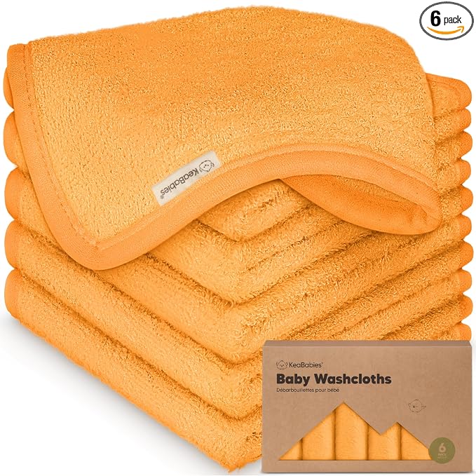 6-Pack Baby Washcloths – Soft Absorbent Viscose from Bamboo Washcloths for Face, Body, Baby Towels for Newborn, Kids, Toddlers, Infant, Gentle on Sensitive Skin, 10x10 Reusable Face Towels (Carrot)