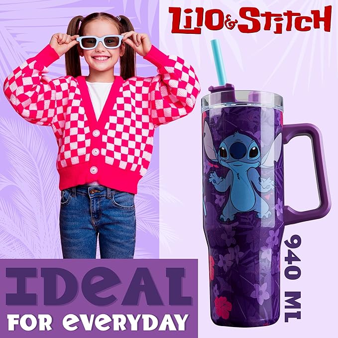 Disney Stitch Insulated Tumbler Travel Mug 33oz Stainless Steel Water Bottle with Handle and Straw Thermal Double Wall Vacuum Insulation Drinks for Hot Cold Ice Cupholder Compatible