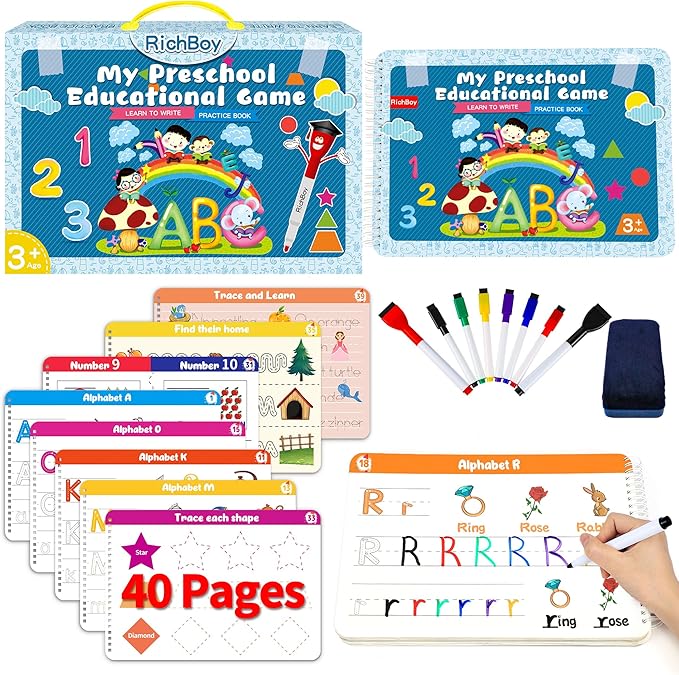 RichBoy Dry Erase Workbooks, Activity Books with Tracing, Coloring, Drawing and More, All-in-one Reusable Handwriting Practice, Preschool Learning Activities, Educational Toys for Kids Ages 3-5