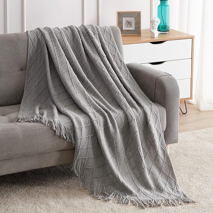BOURINA Light Grey Throw Blanket 50x60 Inch Knitted Soft Throw Sofa Blanket | Knitted Throw Blanket 50x60 Inches, Soft Lightweight Boho Weave Throw Decorative Couch Blanket for Living Room Bedroom Chair