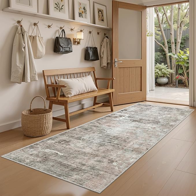 Soalmost Abstratc Runner Rug 2x6 Kitchen Hallway Runners Pink/Grey | Low-Pile Washable Rugs for Entry Bathroom Laundry Room, Vintage Foldable Floor Carpet Mat Entryway for Corridor Bedroom