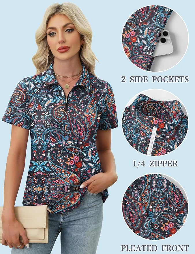 LOMON Womens Golf Polo Shirt Summer Short Sleeve Quarter Zip Outfit | Side-Pockets,Princess Seams,Cotton,Wrinkle Free,Moisture Wicking,Quick-Dry,Lightweight,Collared,for Tennis Workout