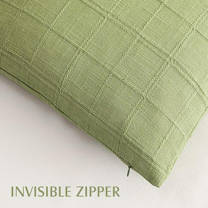 Foindtower Set of 2 Decorative Linen Check Throw Pillow Covers Neutral Farmhouse Vintage Cushion Covers Modern Boho Accent Home Decor for Sofa Chair Couch Bedroom Living Room,18×18 Inch,Light Green