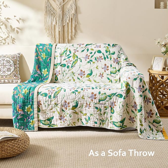 VANJOROY Boho Throw Blanket, 100% Organic Cotton Breathable Skin-Friendly Ultra Soft 60" x 80" Bed Quilt Throw - Floral Rustic Decor Luxury Reversible Blanket for Sofa Couch Chair and Gift,