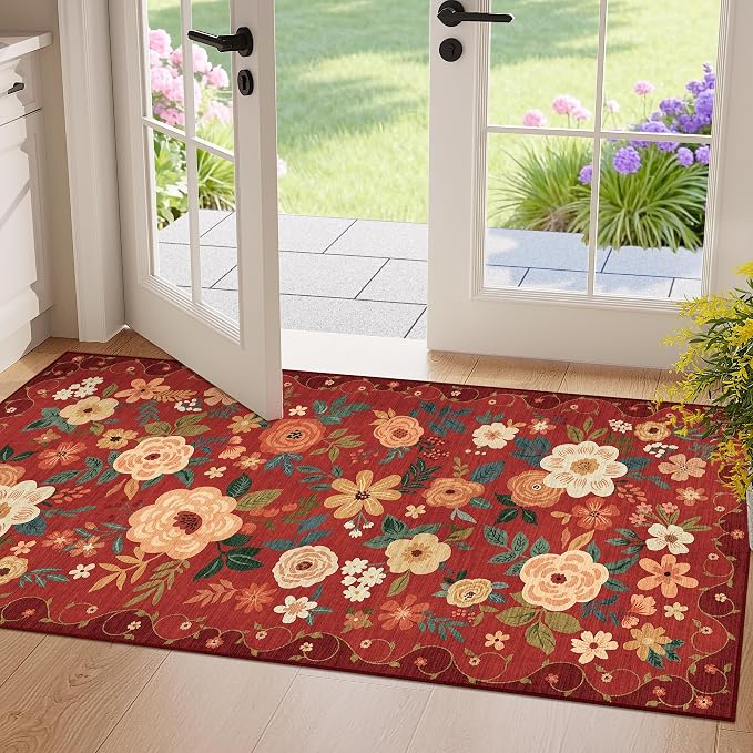 DUKINO 2x4 Entryway Rug, Floral Washable Kitchen Rugs Non Slip, Red | Low Pile, Soft Indoor Runner Rug for Hallway, Bedroom, Bathroom, Laundry, Pet Friendly, Modern Home Decor, Stain Resistant