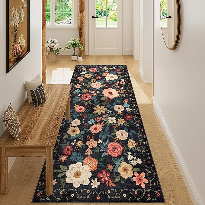 DUKINO 3x7 Kitchen Runner Rug, Washable Rug for Hallway Non Slip, Black | Floral, Low Pile, Soft Indoor Rug for Bedroom, Bathroom, Entryway, Laundry, Pet Friendly, Stain Resistant, Modern Home Decor