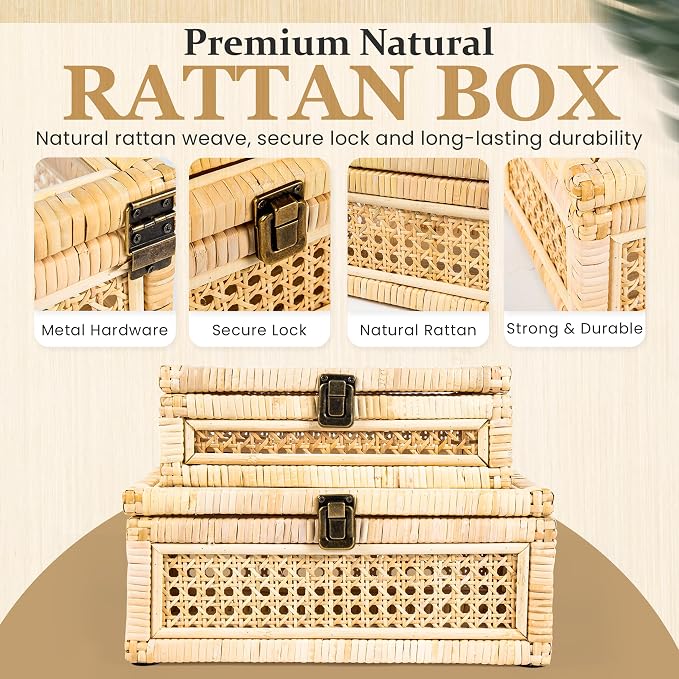 Rattan Decorative Box with Lid & Secure Lock | Decorative Box with Lids for Home Decor | Rattan Display Box | Boho Storage Box | Wicker Basket Organizer | Includes 10x Non-Scratch Felt Pads