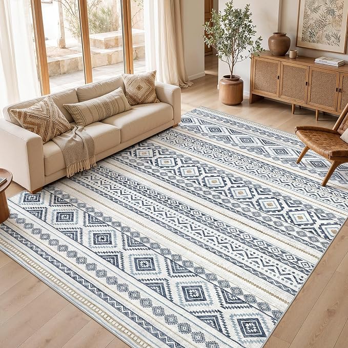 cotiled 7x9 Area Rugs Living Room Rug: Washable Boho Rugs with Non Slip Backing Large Soft Indoor Stain Resistant Carpet for Bedroom Farmhouse Dining Room Lightweight Home Decor Blue