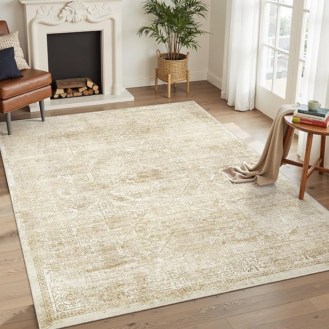 Soalmost 5x7 Area Rugs Beige/Ivory Washable Trendy Faded Style Floral Rugs | Vintage Non-Slip Indoor Accent for Bedroom Dining, Foldable Stain Resistant Floor Carpet Mat Under Table Home Office Decor