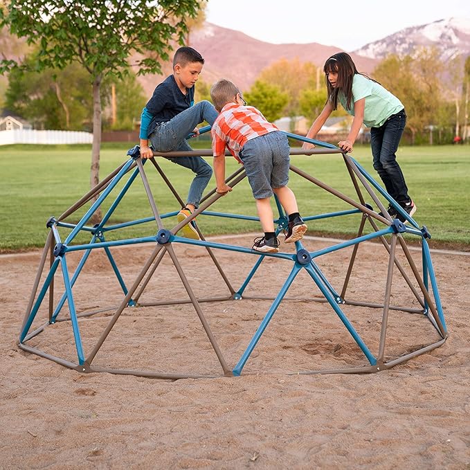 Lifetime 90939 Geometric Dome Climber Jungle Gym, 4.5' High x 9' Wide, Blue & Brown & XDP Recreation 70113 Swing Set, Trampoline, & Patio Furniture Metal Ground Anchor Kit Hardware,Bronze