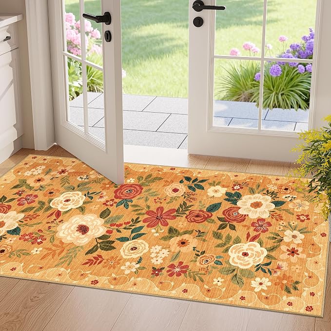 DUKINO 2x4 Entryway Rug, Floral Washable Kitchen Rugs Non Slip, Orange | Low Pile, Soft Indoor Runner Rug for Hallway, Bedroom, Bathroom, Laundry, Pet Friendly, Modern Home Decor, Stain Resistant