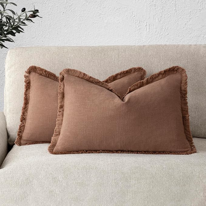 Foindtower Set of 2 Decorative Linen Fringe Throw Pillow Covers Boho Farmhouse Cushion Cover with Tassels Lumbar Accent Pillowcase for Couch Bed Sofa Living Room Home Bedroom Decor,12×24 Inch,Rust