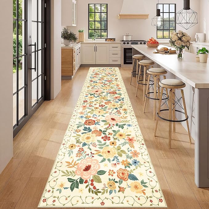 DUKINO 2.6x12 Kitchen Runner Rug, Floral Non Slip Washable Rug Beige Yellow | Low Pile, Stain Resistant, Soft Indoor Rug Runner for Hallway, Entryway, Bedroom, Bathroom, Laundry, Pet Friendly, Home Decor