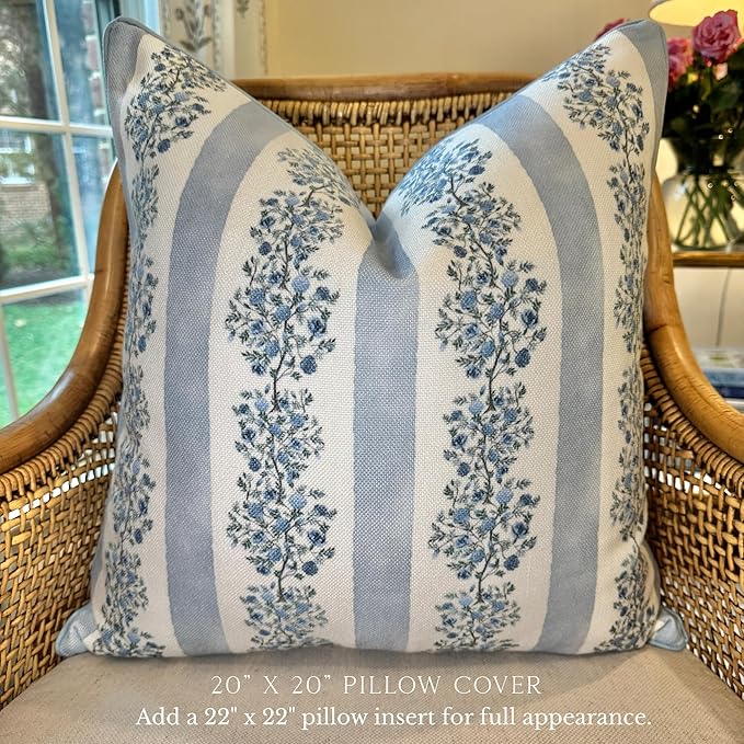 “The Juliet” Floral Block Print Pillow Cover – Soft Blue and Off-White Decorative Throw Pillow Cover – Grandmillennial Home Decor, 20" x 20"