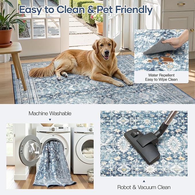 3x5 Area Rugs for Entryway, Blue Washablee Non-Slip Area Rug for Kitchen | Soft Area Rug for Dining Room Home Office Indoor Nursery, Stain Resistant, Low Pile, Vintage Boho Distressed Rug