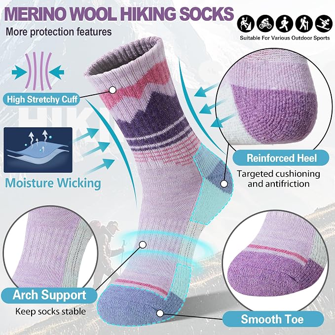 Sandsuced Merino Wool Hiking Warm Socks Thermal Winter Cozy Crew with Cushioned Sole & Moisture Wicking 5 Pairs for Women