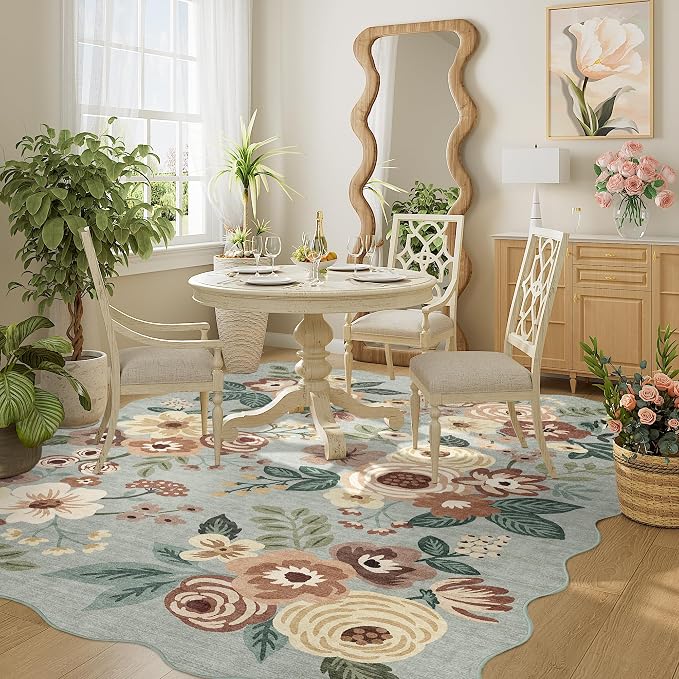 DUKINO 4x6 Area Rug, Non Slip Floral Washable Living Room Rug, Sage Green | Low Pile, Stain Resistant, Soft Throw Rugs for Bedroom, Office, Dining Room, Nursery, Pet Friendly, Home Decor, Lightweight