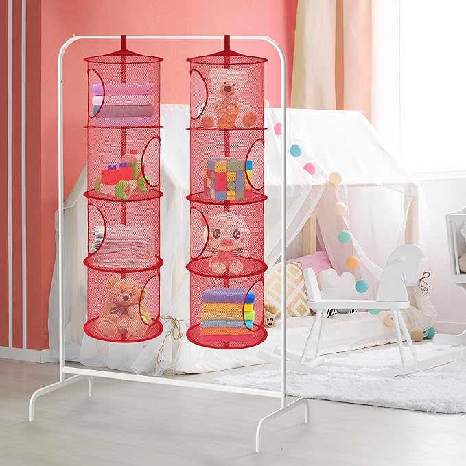 2Pcs Hanging Stuffed Animal Storage Organizer Foldable Stuffed Animal Net Hammock Organizer, 4 Compartments Mesh Hanging Toy Storage Hammock for Kid Room Toys, Gloves, Hats, Socks(Red)