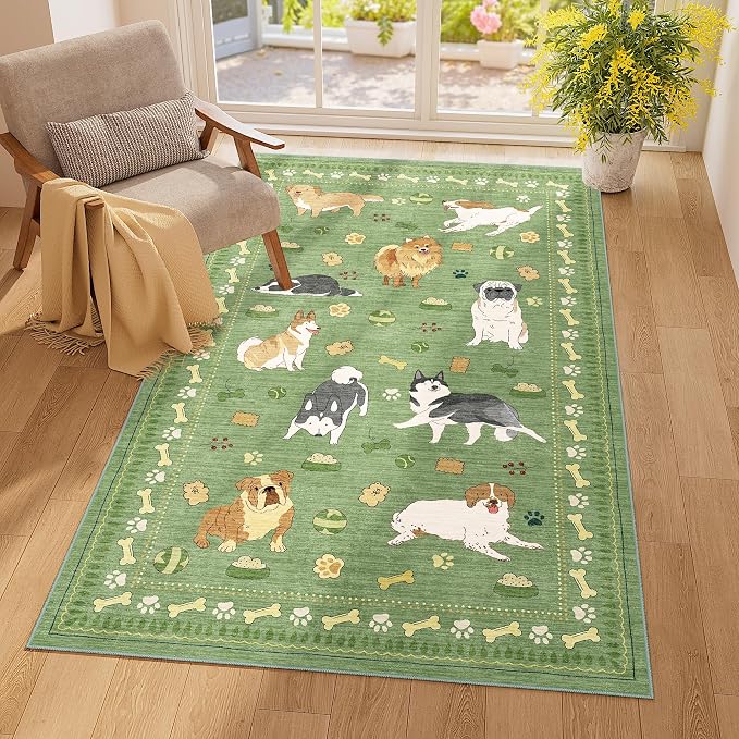 DUKINO 3x5 Rug, Washable Dog Bedroom Area Rug Soft Non Slip, Green | Low Pile, Non-Shedding, Stain Resistant Animal Carpet for Bathroom Dorm Office Dining Living Room Kitchen, Kid & Pet Friendly