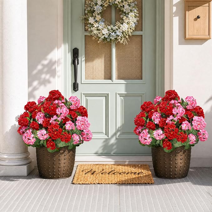 Artificial Geraniums Fake Flowers for Outdoors Decoration, 6 Bundles Silk Geraniums Flower UV Resistant Look Real Faux Plants for Front Door Garden Porch Planter Patio Balcony Yard Indoor Home, Mix