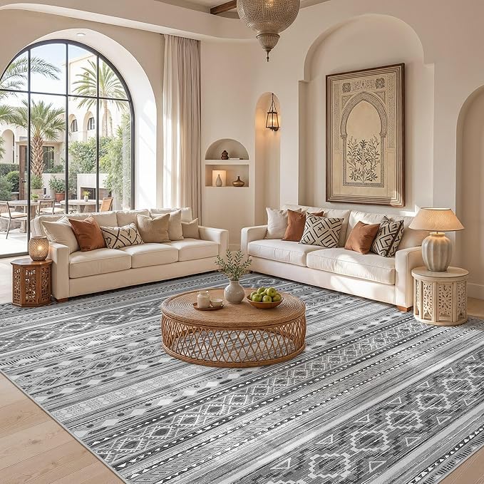 cotiled 8x10 Area Rugs Living Room Rug: Washable Boho Rugs with Non Slip Backing Large Soft Indoor Stain Resistant Carpet for Bedroom Farmhouse Dining Room Lightweight Home Decor Beige Grey