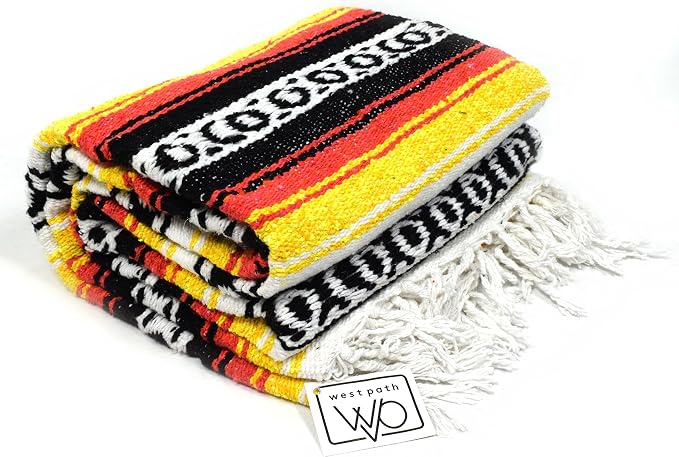 Open Road Goods Heavyweight Mexican Falsa Yoga Blanket, Extra Thick with Stripes - Great Beach, Picnic or Throw - Handmade (Sunflower)