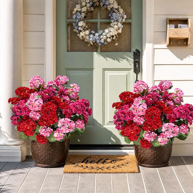 Artificial Geraniums Fake Flowers for Outdoors Decoration, 6 Bundles Silk Geraniums Flower UV Resistant Look Real Faux Plants for Front Door Garden Porch Planter Patio Balcony Yard Indoor Home, Mix