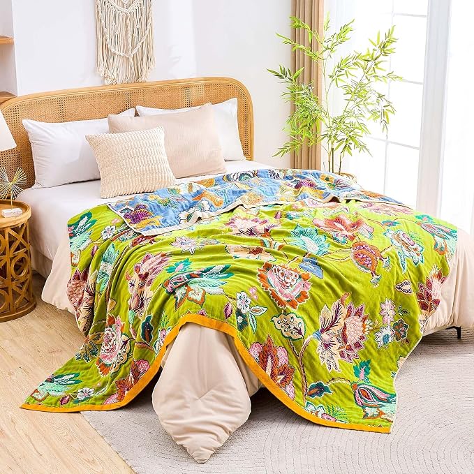 XIBLC Fall Throw Blanket, 100% Cotton Soft Rustic Boho Throw Blanket for Bed, 60"x80" Farmhouse Decor Bed Flower Blankets, Light Weight Reversible Bohemian Throw Quilt