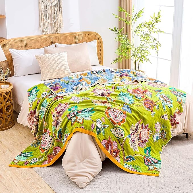 XIBLC Fall Throw Blanket, 100% Cotton Soft Rustic Boho Throw Blanket for Bed, 80"x90" Farmhouse Decor Bed Flower Blankets, Light Weight Reversible Bohemian Throw Quilt