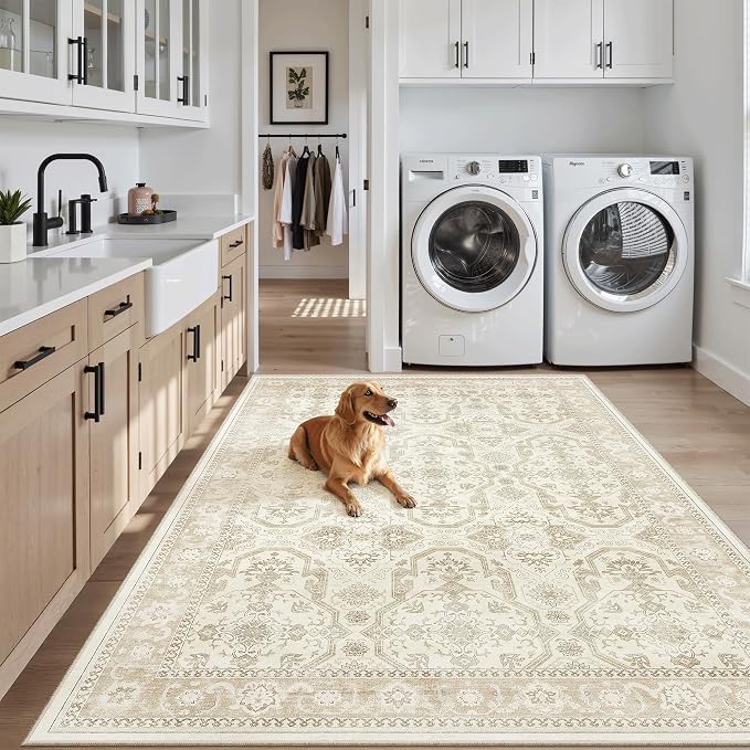 Soalmost 3x5 Rugs, Small Washable Kitchen Entryway Area Rug Beige/Brown | Vintage Low Pile Carpet for Nursery Coffee Table Bathroom, Foldable Stain Resistant Indoor Door Mat Entrance Powder Room