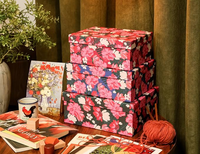 3-Piece Decorative Storage Boxes with Lids, Vibrant Pink and White Flower, Paperboard Keepsake box Set, Photo Storage Box for Memory, Home Decor, Knick-knacks Organizer, Shelf Decor