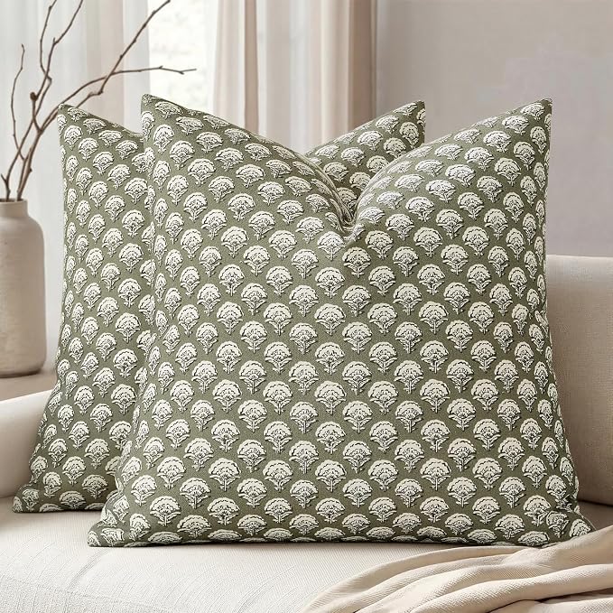 MIULEE Floral Print Decorative Pillow Covers 16x16, Sage Green | Vintage Boho Farmhouse Modern Home Decor, Set of 2, Block Print Cushion Covers for Couch Sofa Bed Living Room
