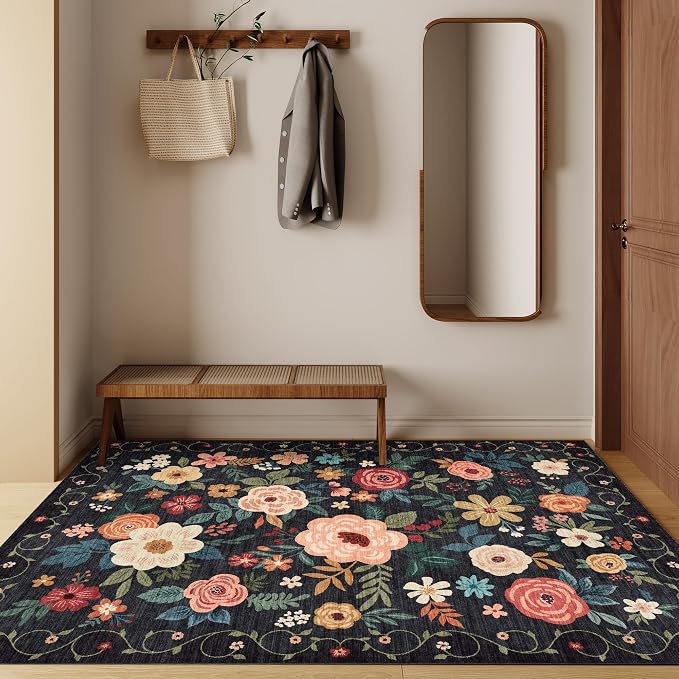 DUKINO 4x6 Area Rug, Floral Washable Office Rug Non Slip Chair Mat, Black | Low Pile, Stain Resistant, Soft Indoor Rug for Bedroom, Living Room, Dining Room, Kids Room, Pet Friendly, Modern Home Decor