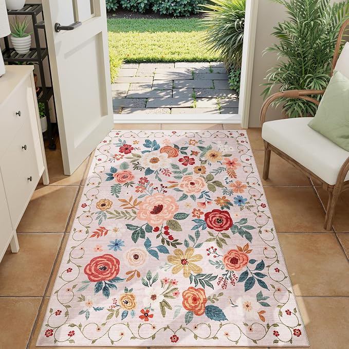 DUKINO 3x4 Area Rug, Floral Washable Rug for Kitchen Non Slip, Beige | Low Pile, Soft, Stain Resistant Indoor Rug for Entryway, Bedroom, Bathroom, Laundry, Pet Friendly, Home Decor, Lightweight