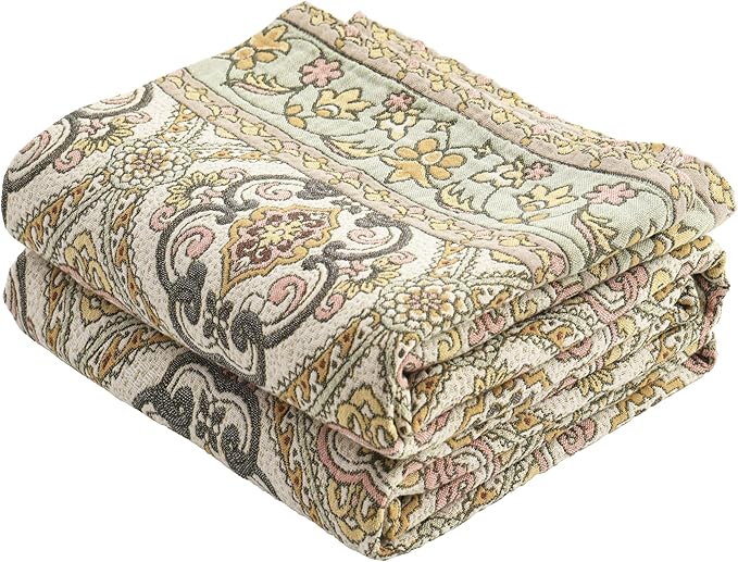 VANJOROY King Boho Throw Blanket, 100% Organic Cotton Breathable Skin-Friendly Ultra Soft 91" x 98" Bed Quilt Throw - Floral Rustic Decor Luxury Reversible Blanket for Sofa Couch Chair and Gift