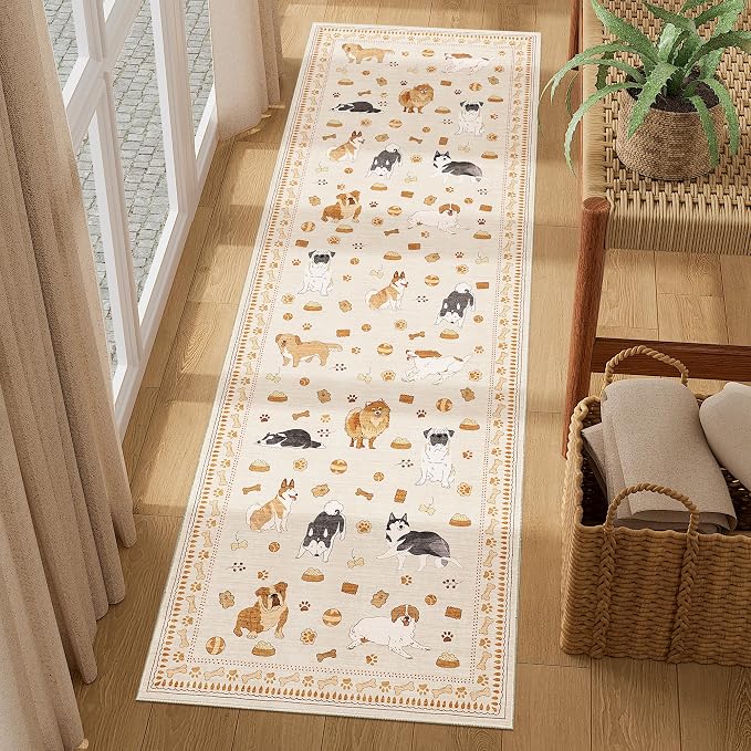 DUKINO 2x6 Kitchen Runner Rug, Washable Soft Non Slip Dog Rug, Beige Yellow | Stain Resistant, Low Pile Non-Shedding Animal Carpet Runner for Hallway Laundry Entryway Bathroom Bedroom, Kid & Pet Friendly