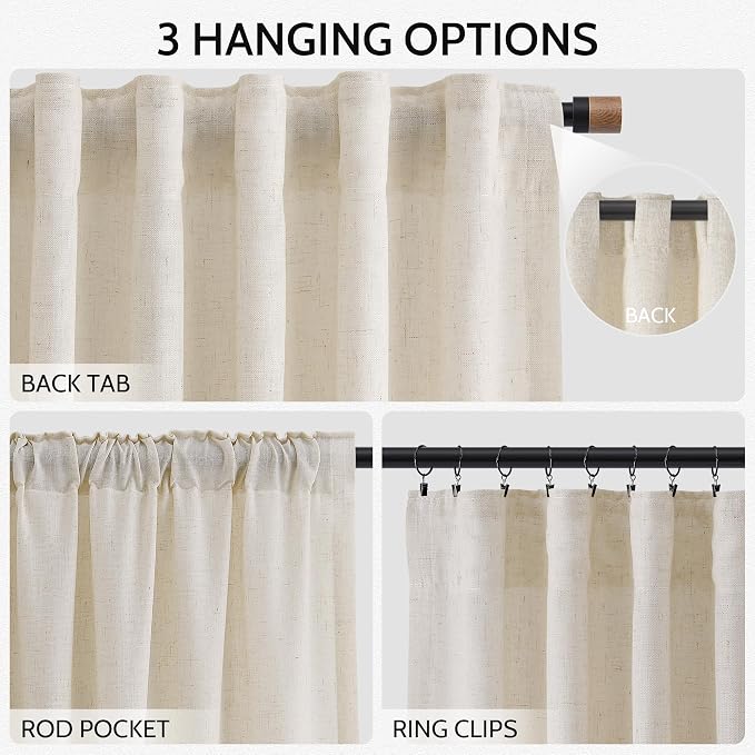 Birch Beige Linen Curtains 80 Inch Length for Living Room Light Filtering Semi Sheer Curtain Back Tab Modern Farmhouse Decor Elegant Luxury Coastal Drapes for Bedroom Dinner Room 52x80, 2 Panels