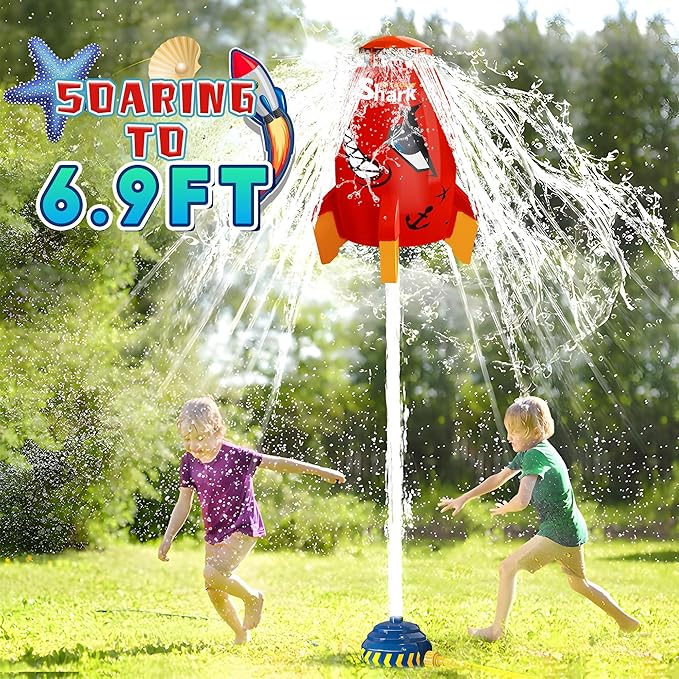 Outdoor Water Sprinkler for Kids Outdoor Water Rocket Splash, Kids Sprinkler for Outside Backyard, Summer Fun Pool Rocket Toys for Toddler Ages 3+ Gift Ideas, Red