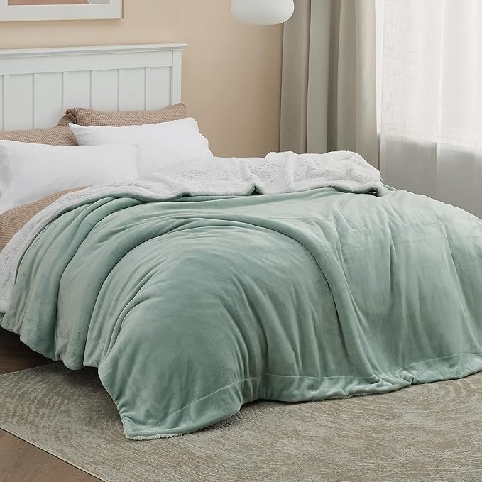 Bedsure GentleSoft Sherpa Fleece Blankets King Size for Bed, Non-Heated, Thick and Warm Throw for Women and Men, Soft Fuzzy Plush King Blanket for Spring, Sage Green, 108x90 Inches