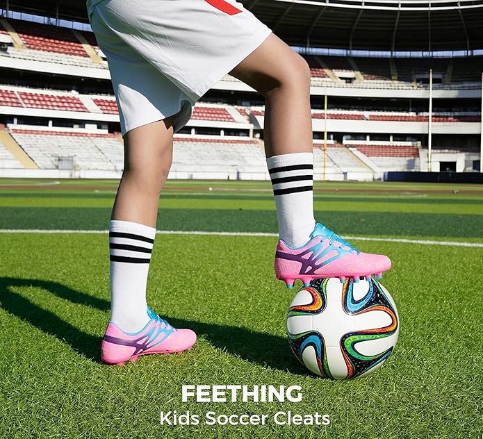 Kids Soccer Cleats Firm Ground - Lightweight Breathable Football Shoes for Boys Girls Youth Outdoor Training on Natural Grass