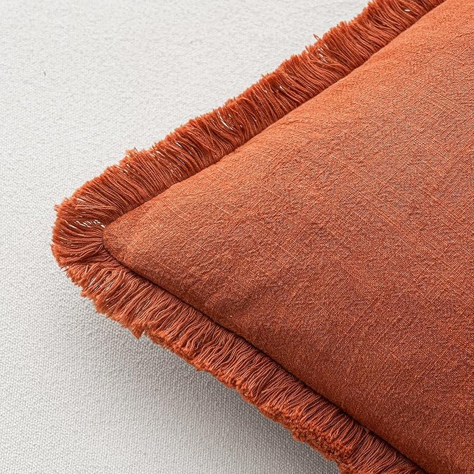 MIULEE Linen Fringe Decorative Fall Throw Pillow Covers Burnt Orange 20x20 | Set of 2, Cottagecore Decor, Boho Farmhouse Neutral Pillow Covers, Rustic Fall Couch Cushion Cases for Sofa Bed Living Room