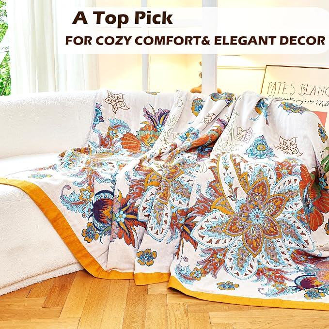 VANJOROY Boho Throw Blanket, 100% Organic Cotton Breathable Skin-Friendly Ultra Soft Bed Quilt Throw - All Season Floral Bird Farmhouse Décor Luxury Blanket for Sofa Couch Chair and Gift. 91" x 98"