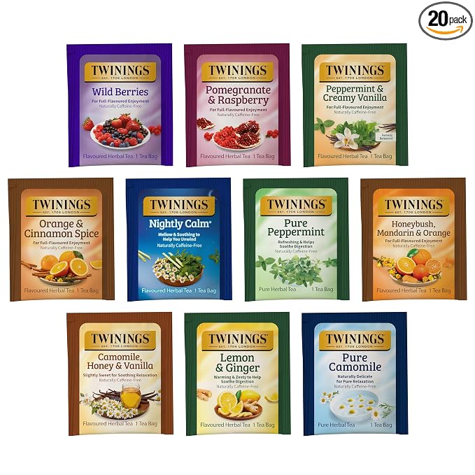 Twinings Herbal Caffeine-Free Tea Bags Sampler, Assortment Variety Pack (20 Count) 10 Different Flavours for Tea Lovers: Her, Him, Women, Men, Couples, Family, Friends, Coworkers