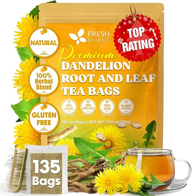 FreshDrinkUS, Premium 135 Dandelion Leaves and Roots Tea Bags, 100% Natural & Pure, Herbal Tea, Daily Infusion Botanical, No Sugar, No Caffeine, No Gluten, Vegan. Powerful Support.