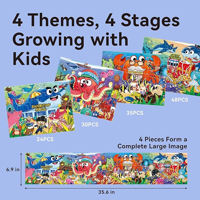 Dotimo 4-Pack Ocean Animal Puzzles for Kids Ages 3-5, Progressive Learning Puzzles with Storage Box – 24/30/35/48 Piece Educational Games for Toddlers, Family Activities & Gifts
