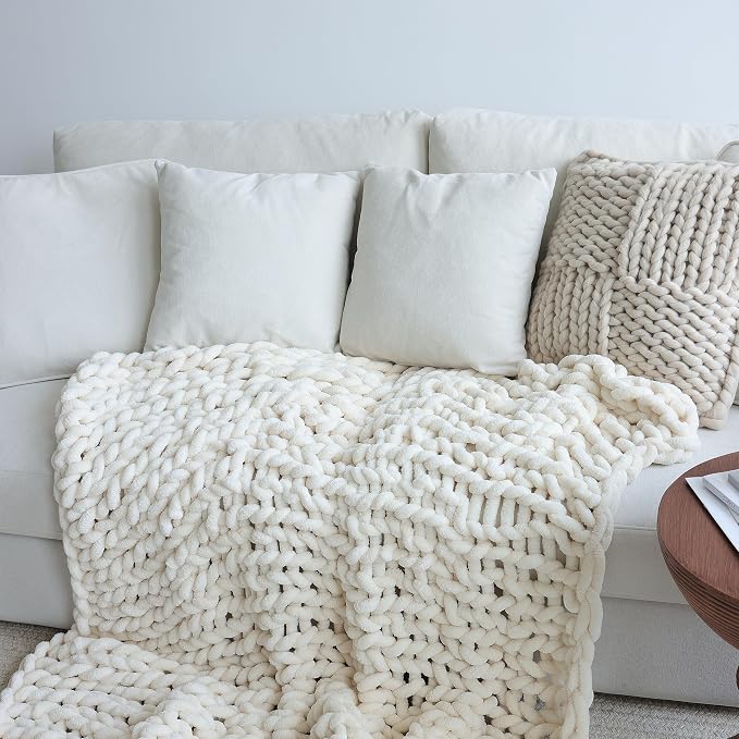 Maetoow Chenille Chunky Knit Blanket,Handmade Cozy for Home Decor,60×80,Cream